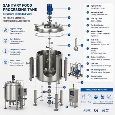 Gıda ve İçecek İşleme için Karıştırıcılı SS316L Hijyenik Karıştırma Tankı / Gıda ve İçecek Üretimi için SS316L Hijyenik Fermantasyon Tankı